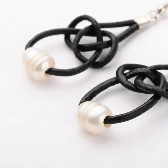 Hand Crafted Freshwater Pearl and Black Cowhide Leather Knotted Dangle Earrings - Picture 3 of 3